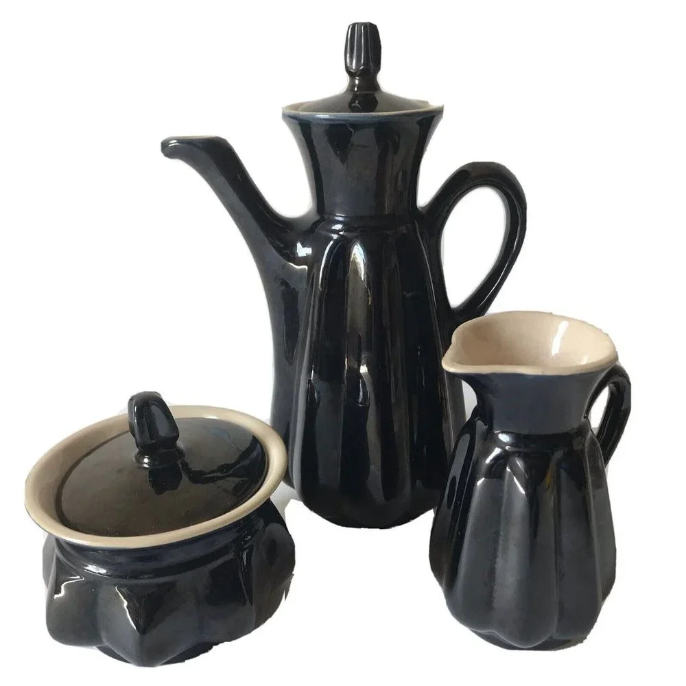 MCM blue black octagonal ceramic teapot creamer sugar set artist signed